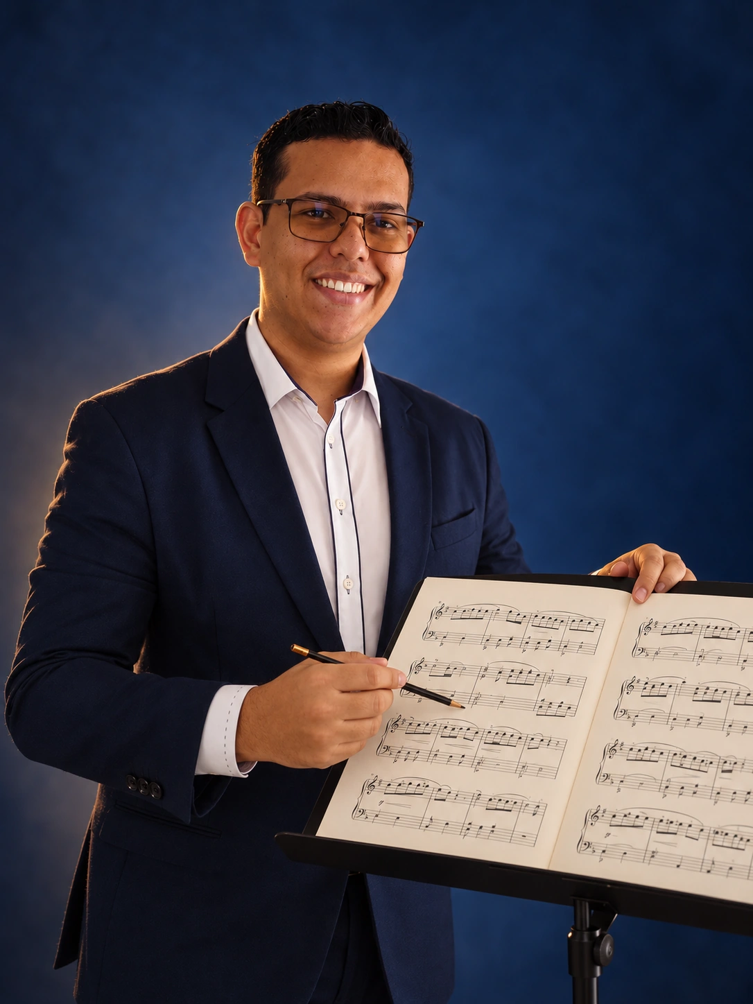 Silas sozinho no estúdio, explicando uma partitura apoiada em uma estante de música