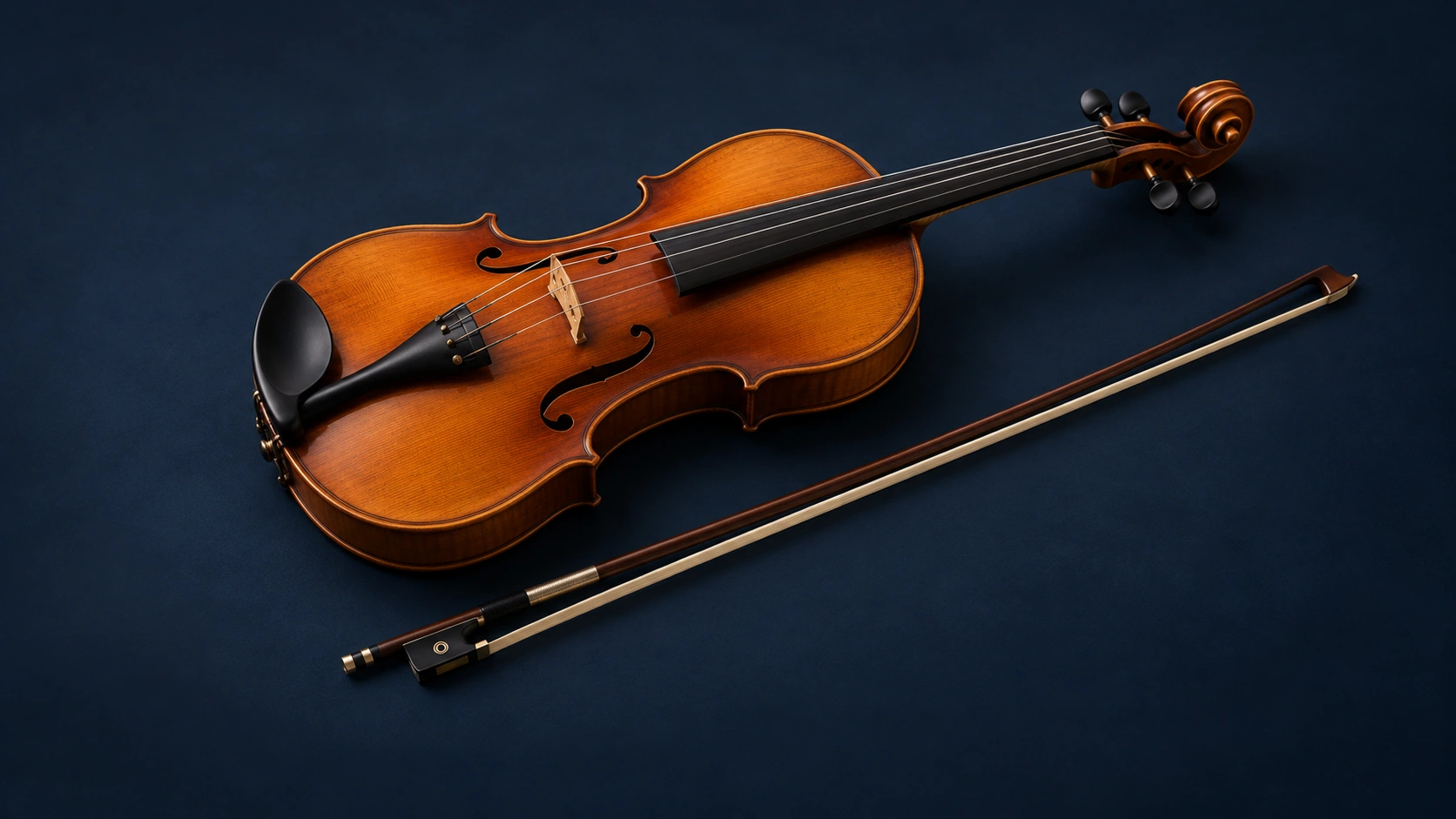 Violino e arco em composição de estúdio sobre um fundo azul profundo, sem pessoas